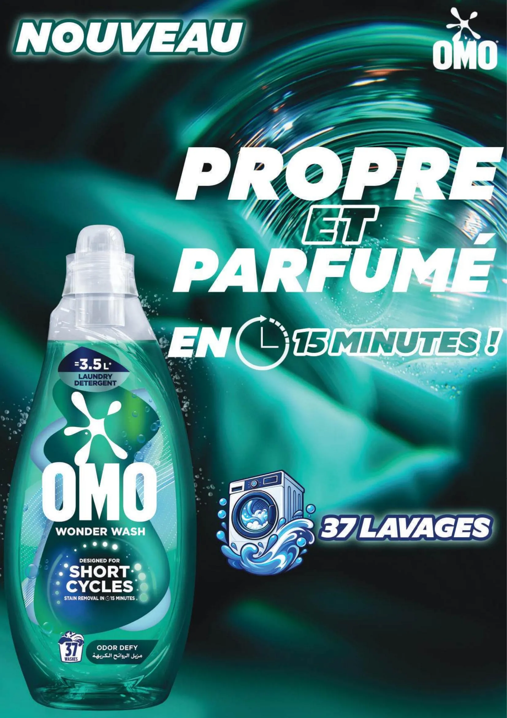 Flacon de lessive liquide OMO Wonder Wash Odor Defy sur fond vert.