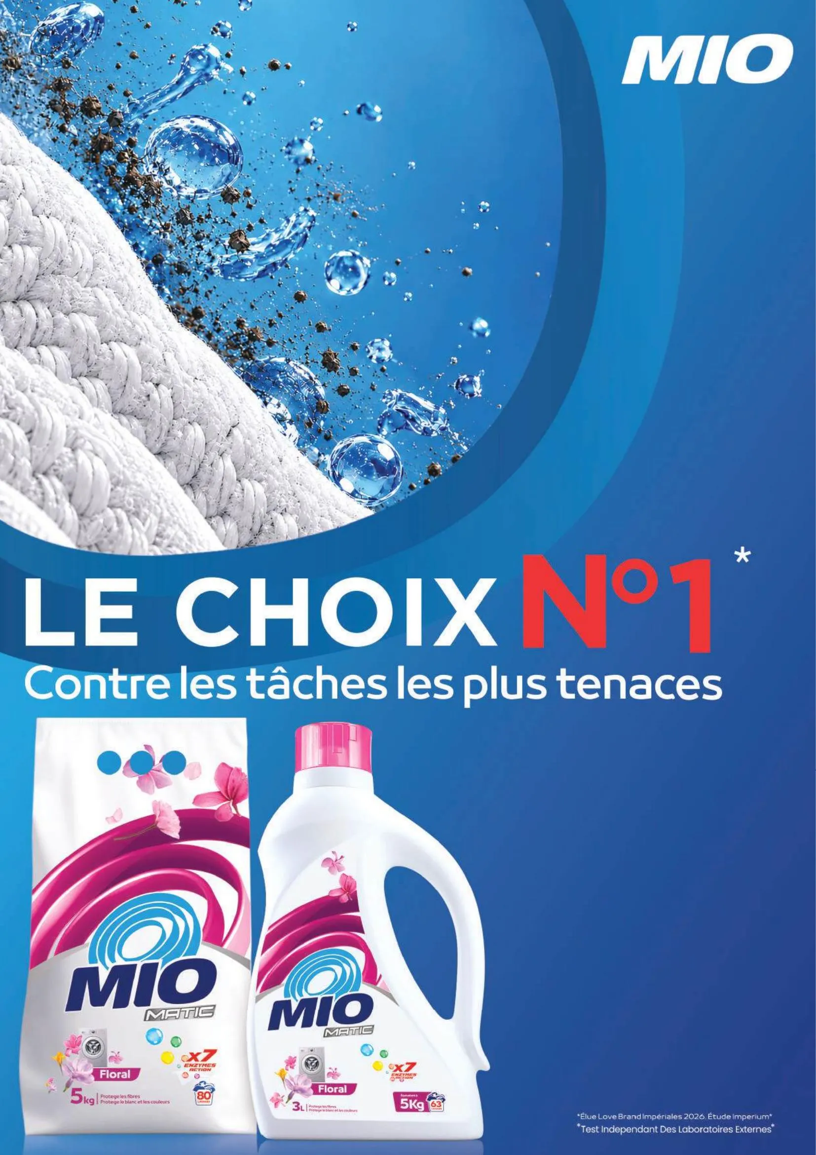 Page publicitaire pour la lessive MIO MATIC avec un paquet de lessive en poudre et un flacon de lessive liquide.