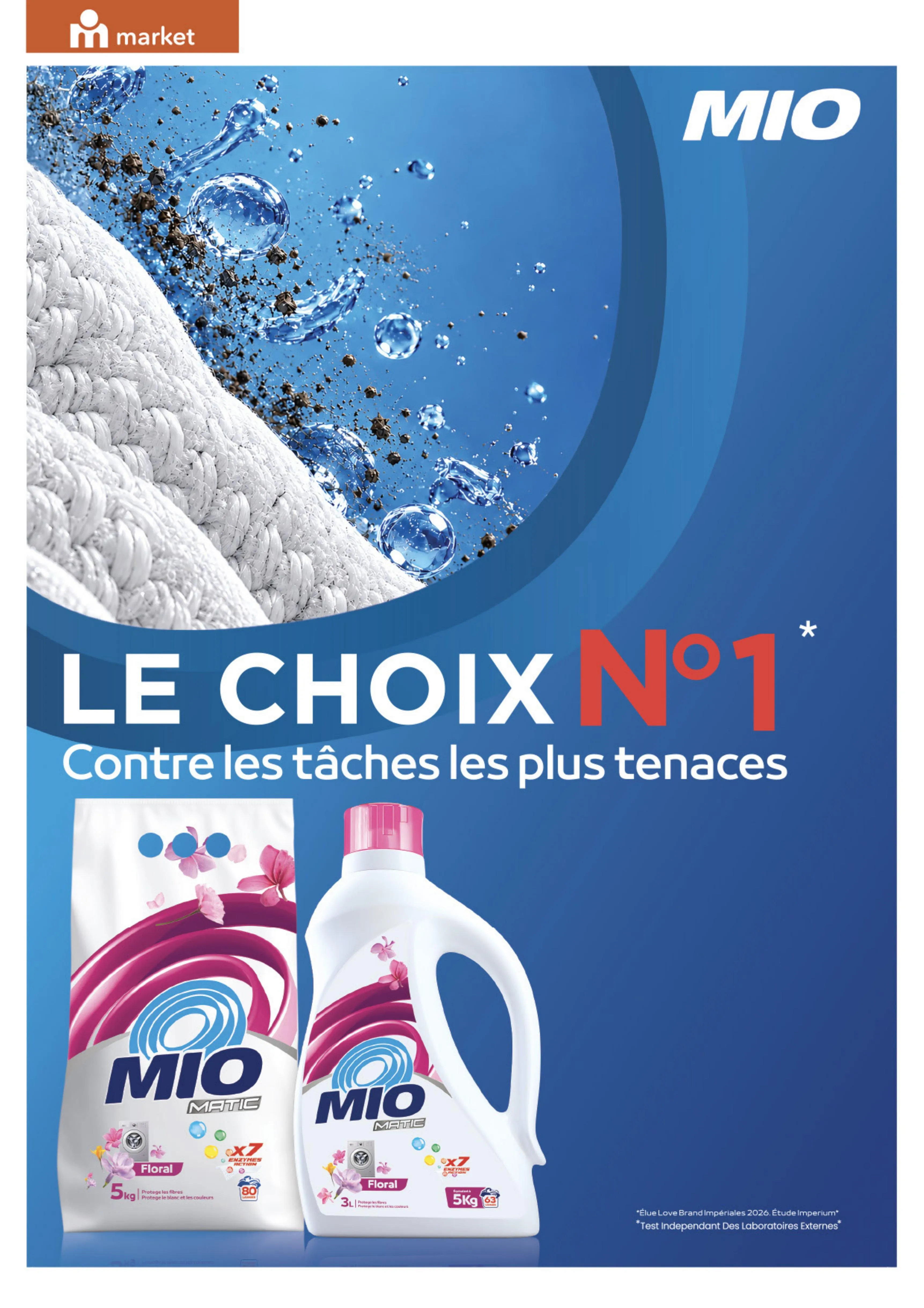 Publicité pour la lessive MIO Matic montrant un sac de poudre et un bidon liquide sur fond bleu.